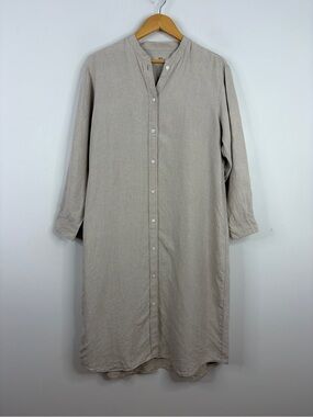 Muji Shirt Dress Women XS Small Beige Linen Long Sleeve Midi Oversize Loose Fit